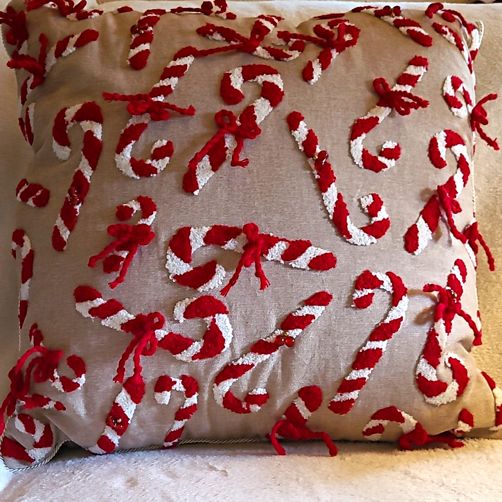 Christmas Candy Cane Throw Pillow 17x17 Textured Chenille Red Bows Holiday Decor